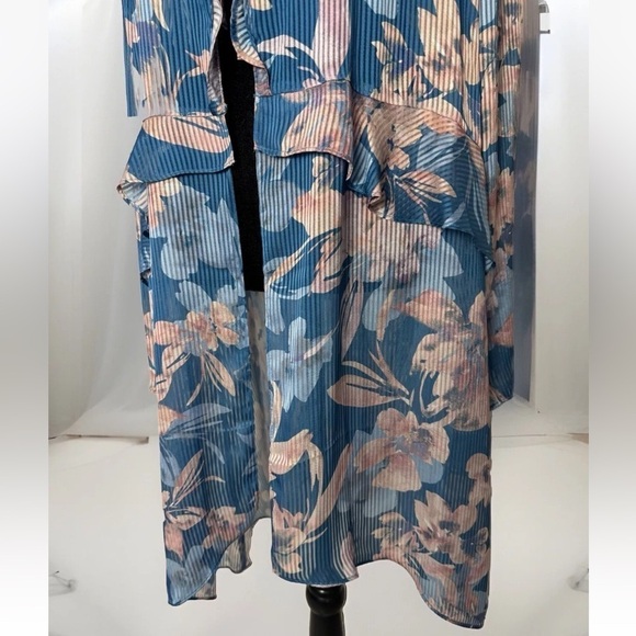 Lori Goldstein Top Kimono Topper Duster XL Blue Sheer Striped Floral Open Front - Picture 5 of 11